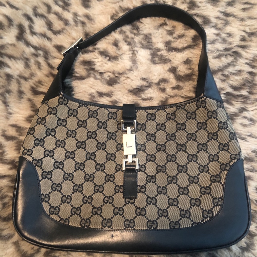 Gucci Authentic Jackie-O Handbag Tan/Black GG Mono